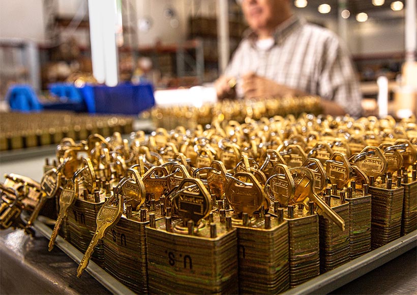 Tray of padlocks and keys.
