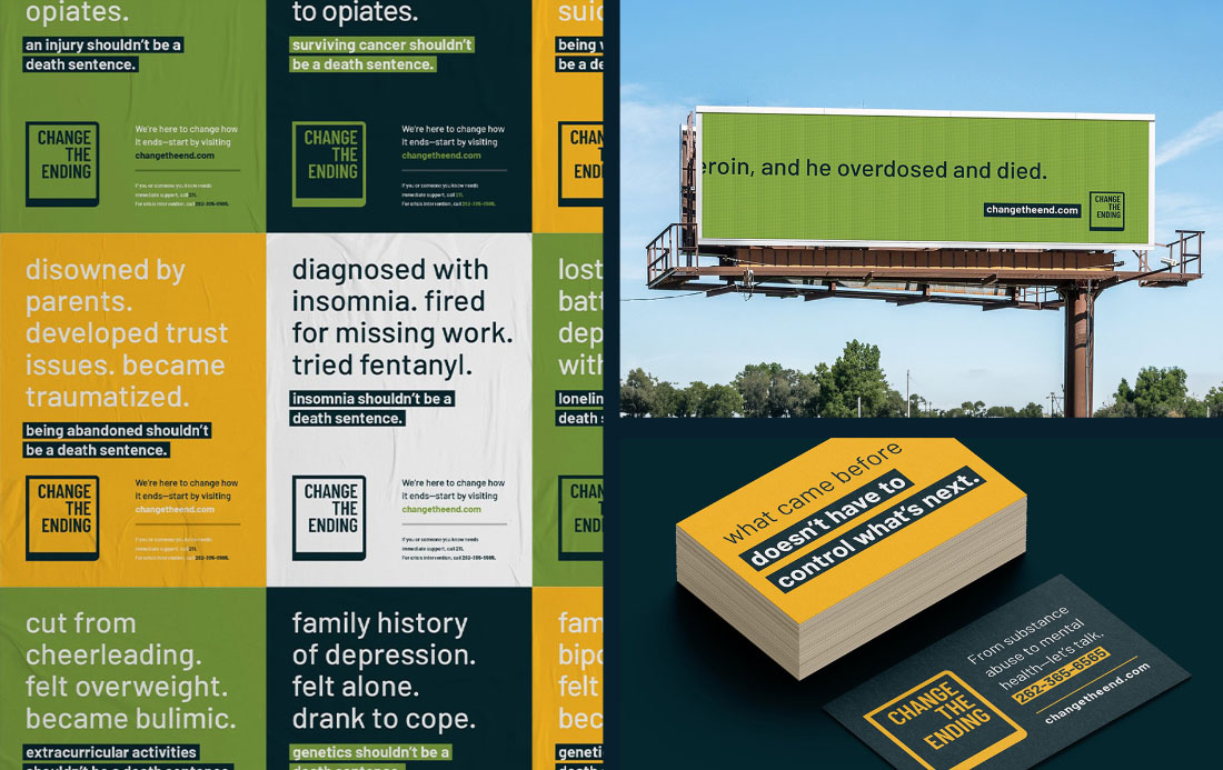 Collage of posters, billboard, and business cards for the Change the Ending campaign