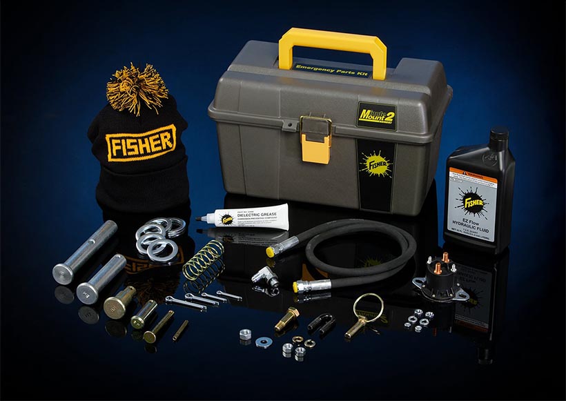 Fisher Plow branded collection of small tools, a winter hat, and toolbox.