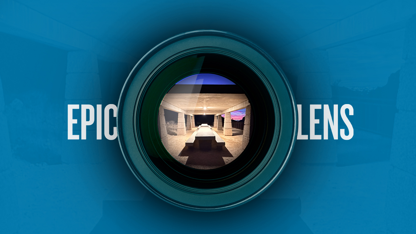 Camera lens with an hardscape image.