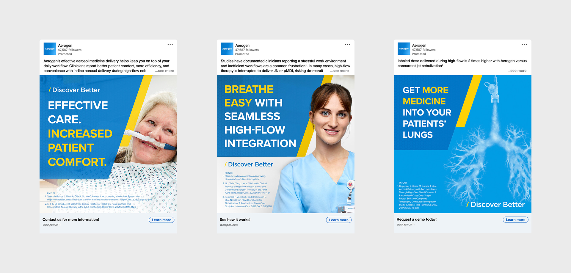 Image of three Aerogen ad creative concepts.