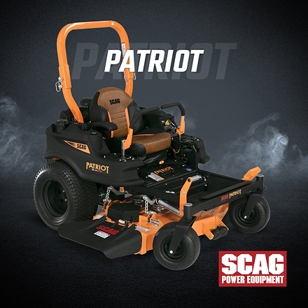 SCAG Patriot zero-turn mower on a dark background with light smoke effects and large text “PATRIOT,” plus SCAG Power Equipment logo.