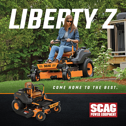 Woman wearing sunglasses operating a SCAG Liberty Z zero-turn mower on a lawn with large text “LIBERTY Z” and tagline “COME HOME TO THE BEST.” plus SCAG Power Equipment logo.