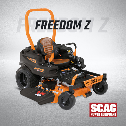 SCAG Freedom Z zero-turn mower on a light gray background with large text “FREEDOM Z” and SCAG Power Equipment logo.