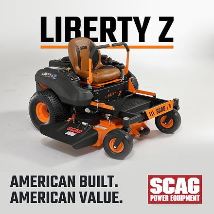 Scag Liberty Z zero-turn mower on a light background with text “LIBERTY Z” and “AMERICAN BUILT. AMERICAN VALUE.” plus Scag Power Equipment logo.