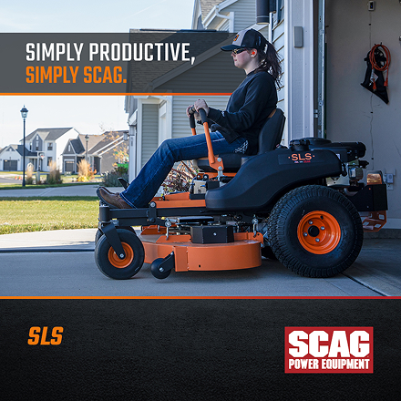 Woman operating a Scag SLS zero-turn mower in a residential driveway with text “SIMPLY PRODUCTIVE, SIMPLY SCAG.” and Scag Power Equipment logo.