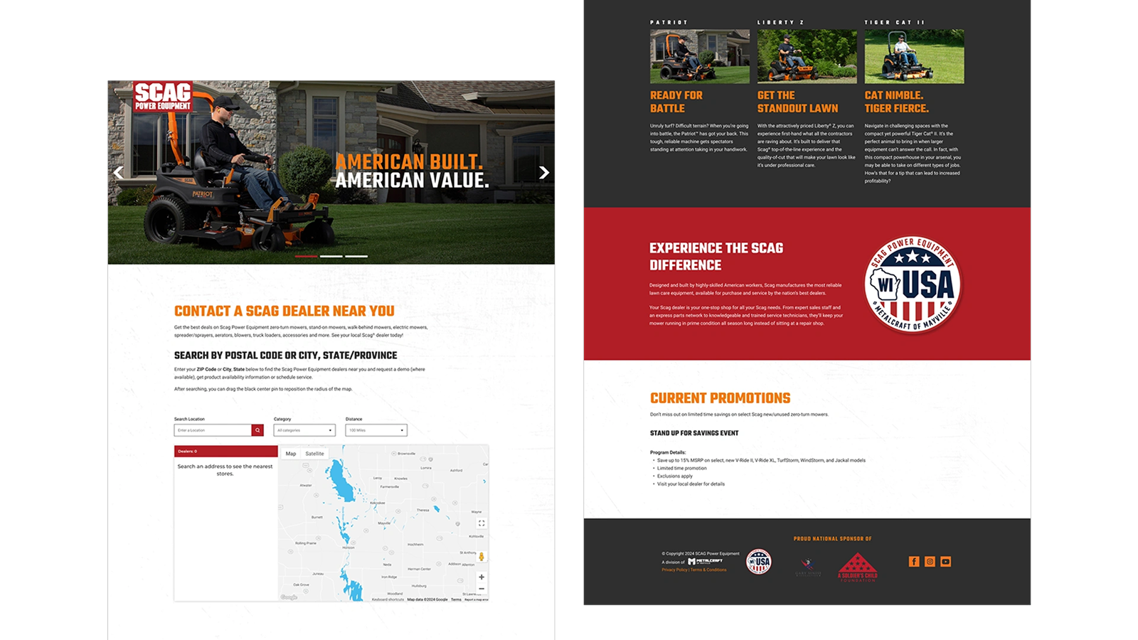 Composite website screenshot showing a SCAG Power Equipment homepage with a hero image of a man riding a mower and text “AMERICAN BUILT. AMERICAN VALUE.”, a dealer search section with map and location fields, product highlights for Patriot, Liberty Z, and Tiger Cat II mowers with descriptions, a banner reading “EXPERIENCE THE SCAG DIFFERENCE” with a USA badge, and a “CURRENT PROMOTIONS” section above a footer with logos and social media icons.