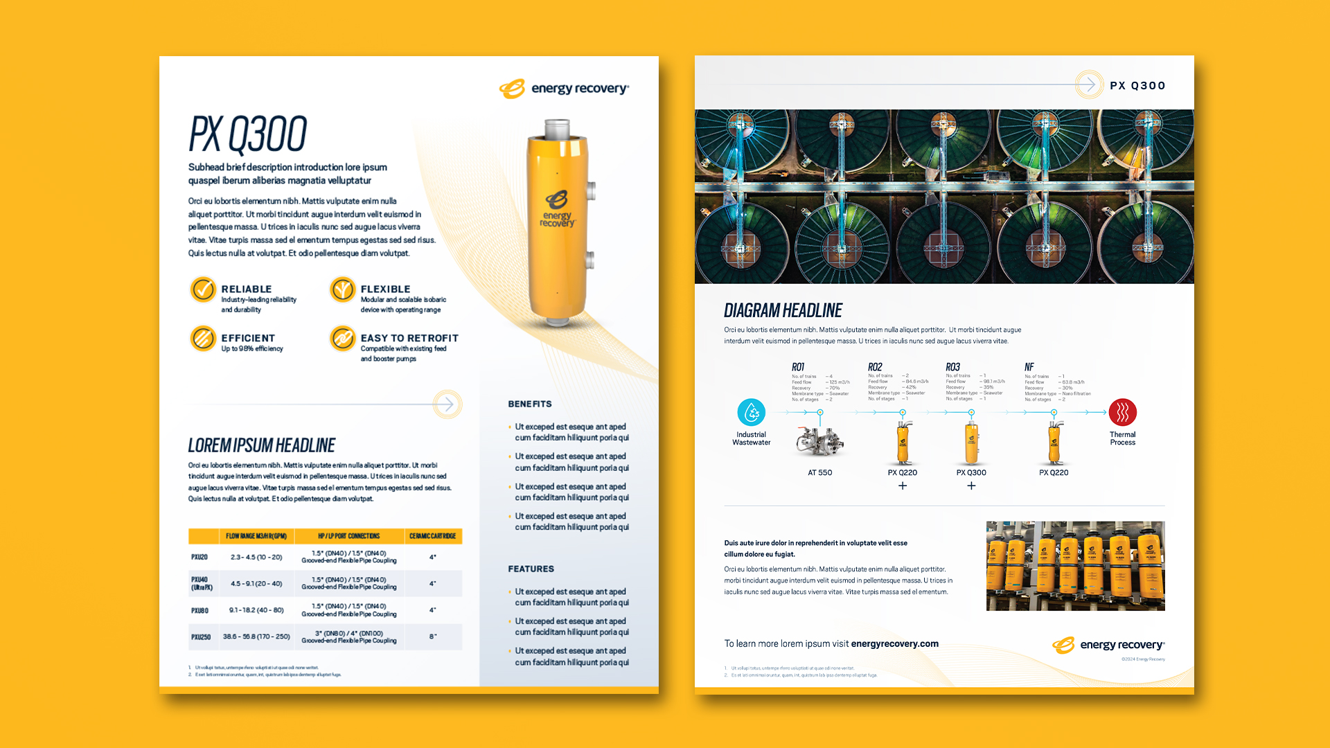 Two-page product brochure for the Energy Recovery PX Q300 pressure exchanger, showing a product image, key benefits and features, technical specifications table, process flow diagram, application examples, and supporting product photography.