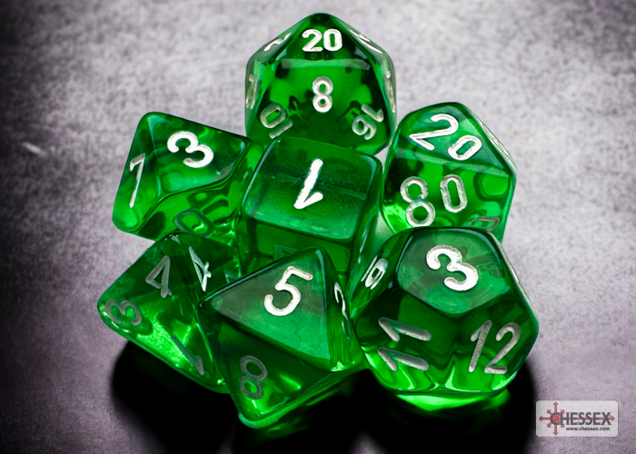 0004813_Mini_TGreen_A.jpg.jpeg Chessex Translucent Mini-hedral Green/white 7-Die Set