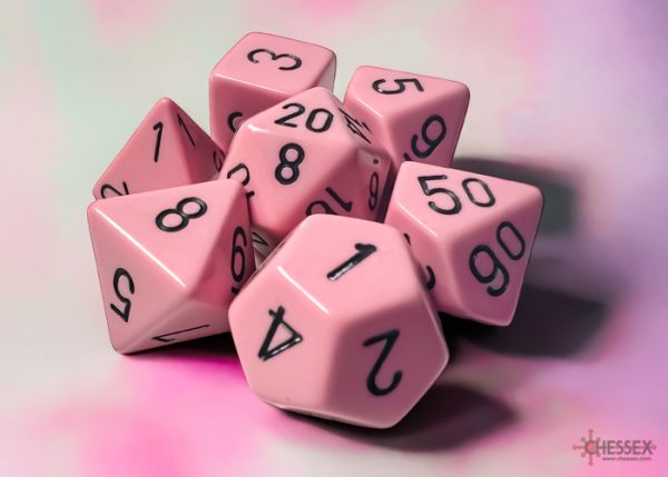 Chessex Opaque Pastel Pink/Black Polyhedral 7-Dice Set