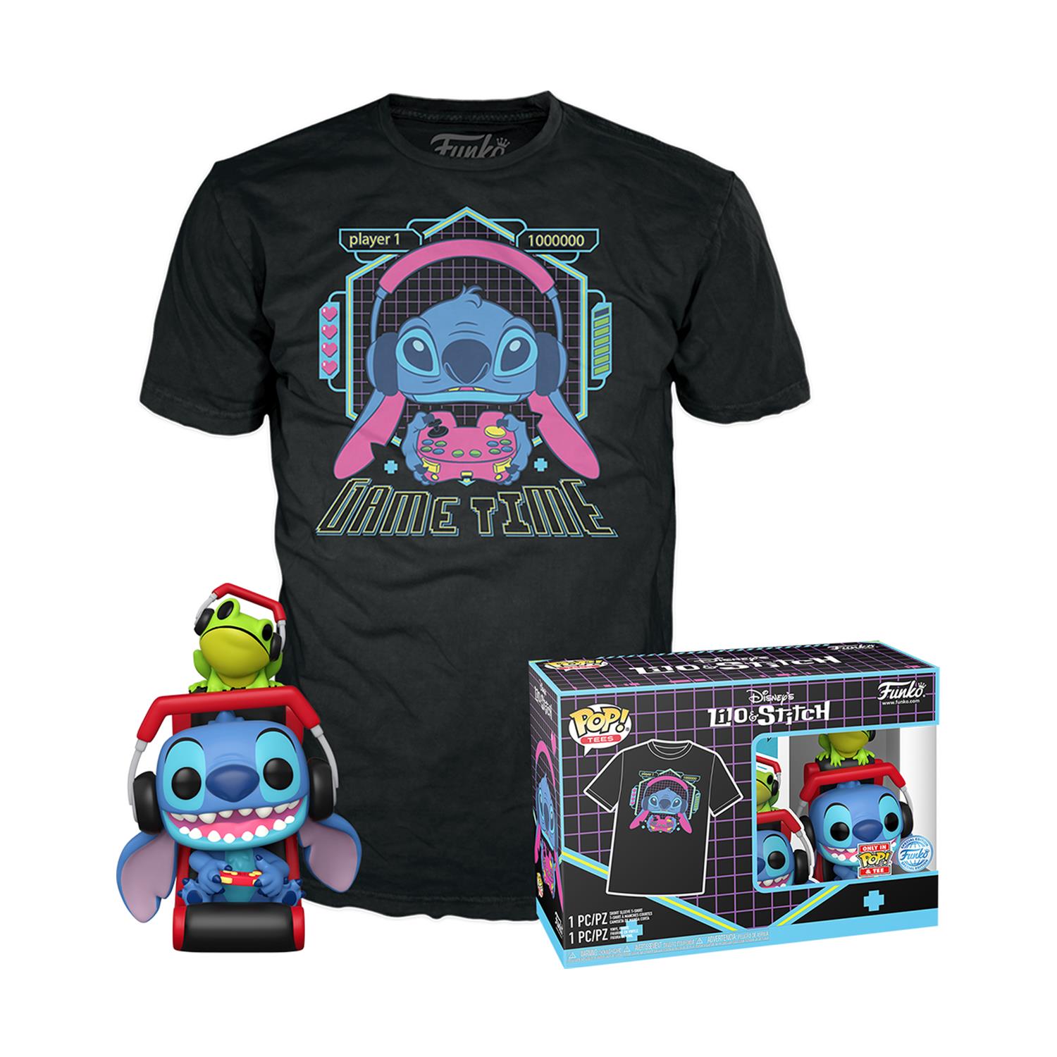 0148111.jpeg Funko Pop! & Tees (Adult): Lilo and Stitch - Gamer Stitch with Frog Vinyl Figure and T-Shirt (S)