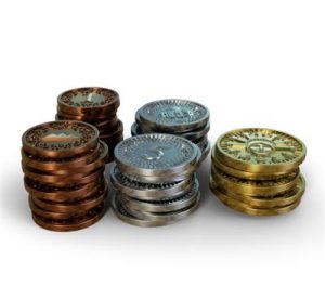 49 Metal Coins (Play Money) for Millennia: Tracks of Time (23 x 1, 18 x 5, 8 x 20)