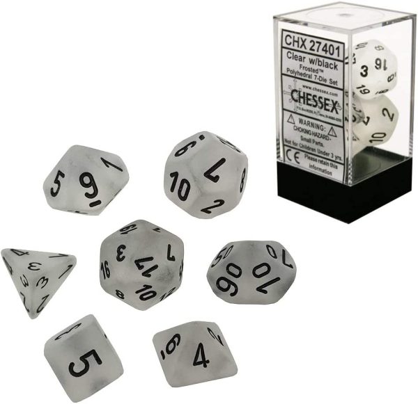 Chessex Frosted 7-Die Set - Clear w/black