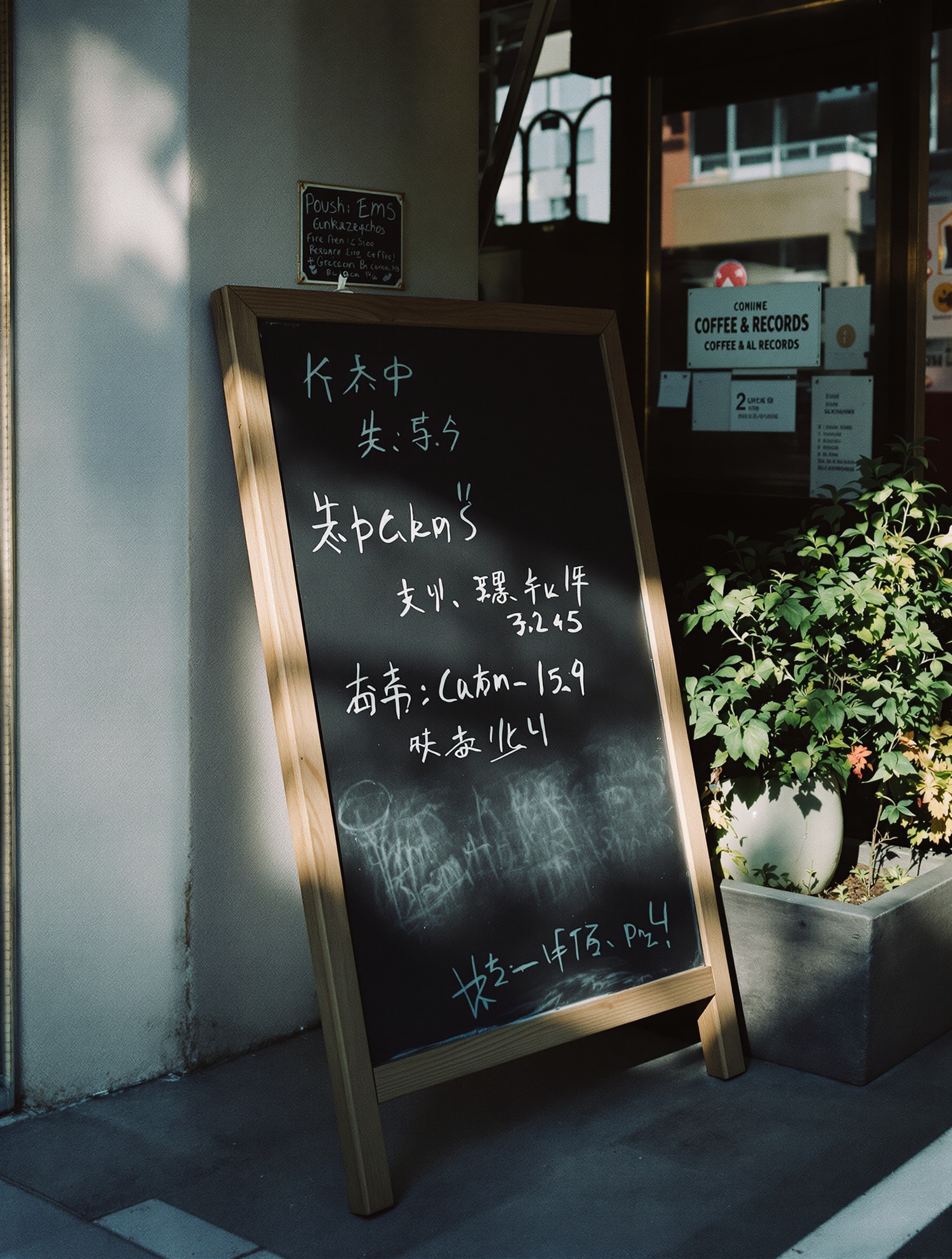 chalkboard leaning its habitual lean, handwriting half-erased at the edges from years of standing outside