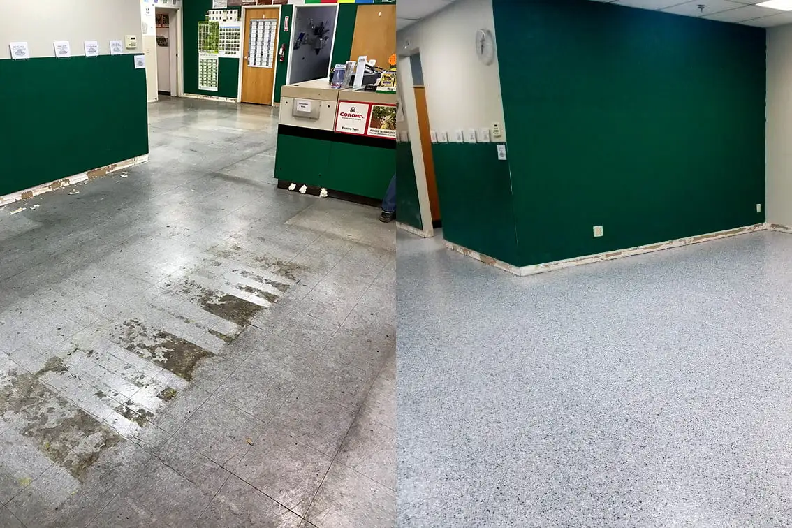 Epoxy flooring before and after transformation in Toronto