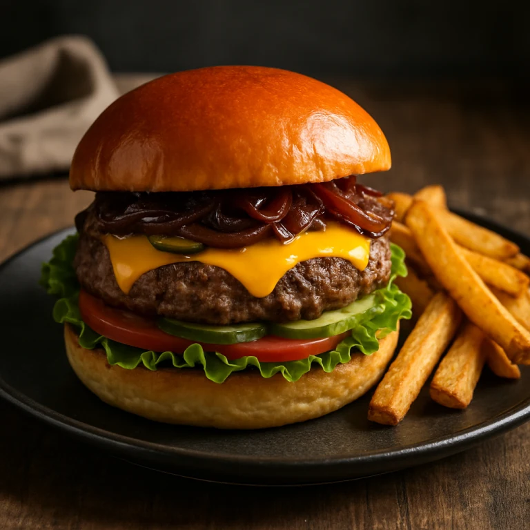 Burger wołowy premium z karmelizowaną cebulą
