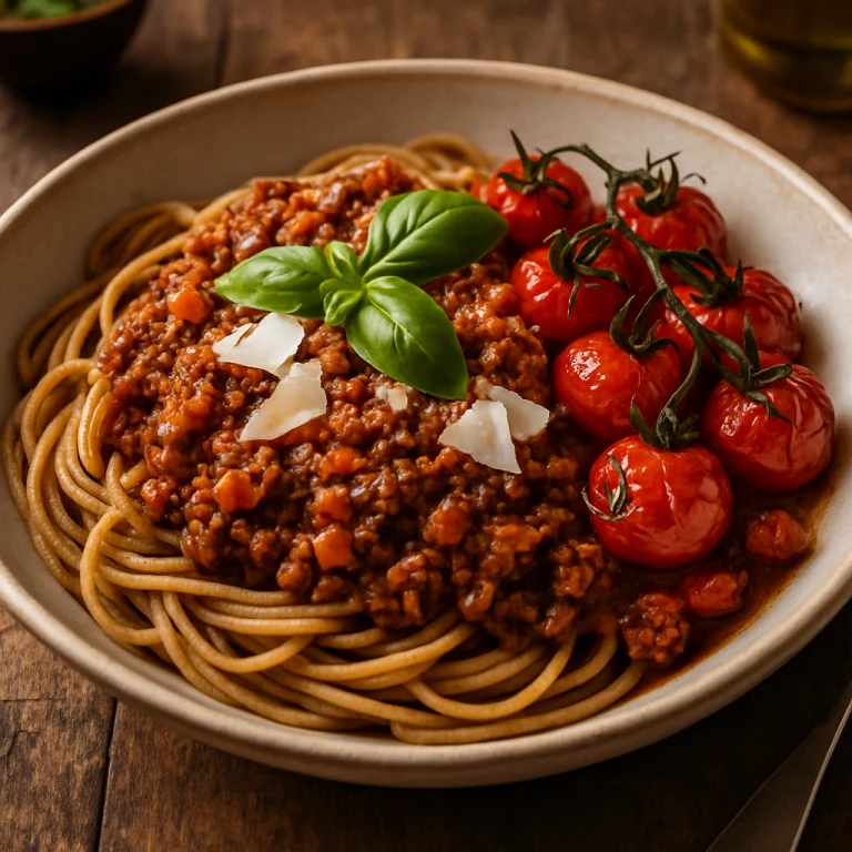 Spaghetti bolognese z pieczonymi pomidorkami i parmezanem