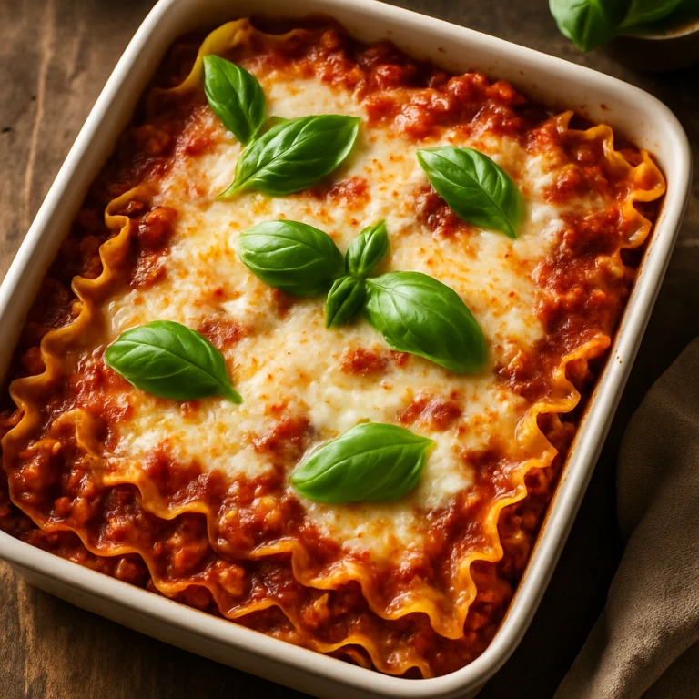 Pofalowana lasagne z wonton z mielonym kurczakiem i pomidorami