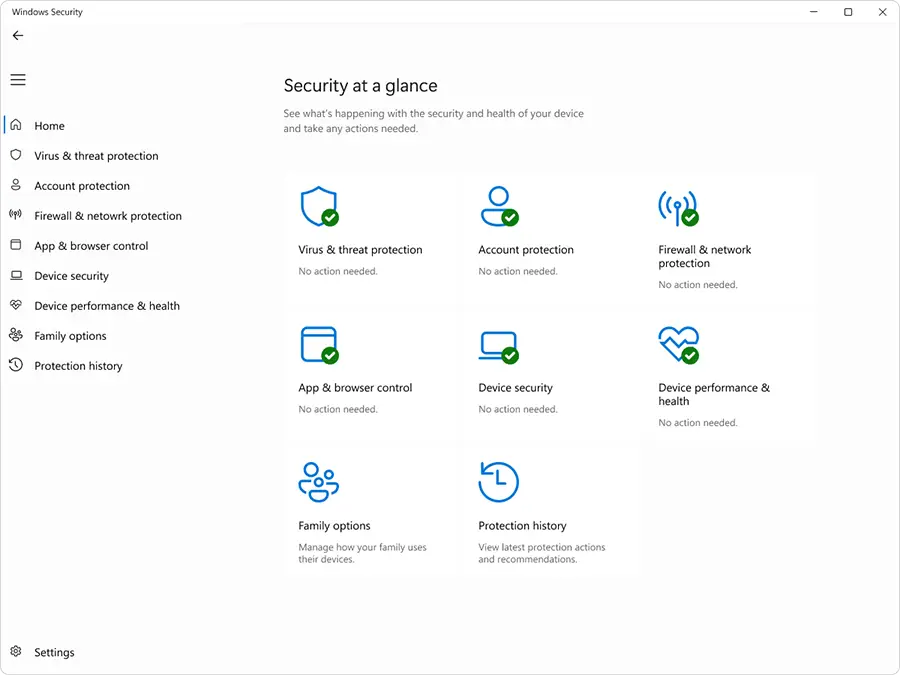 image showing windows security settings page, security at a glance.