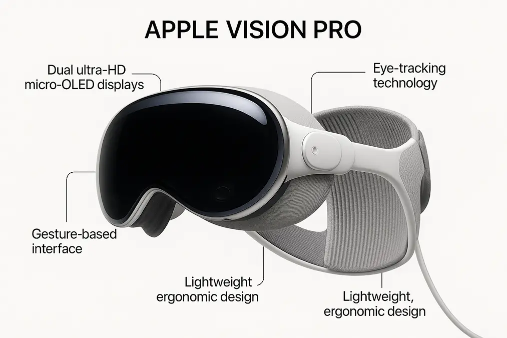 Image highlighting key features and ergonomic adjustments of apple vision pro