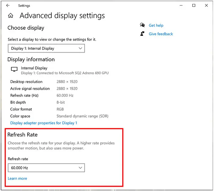 Windows 系统中更改刷新率的位置截图