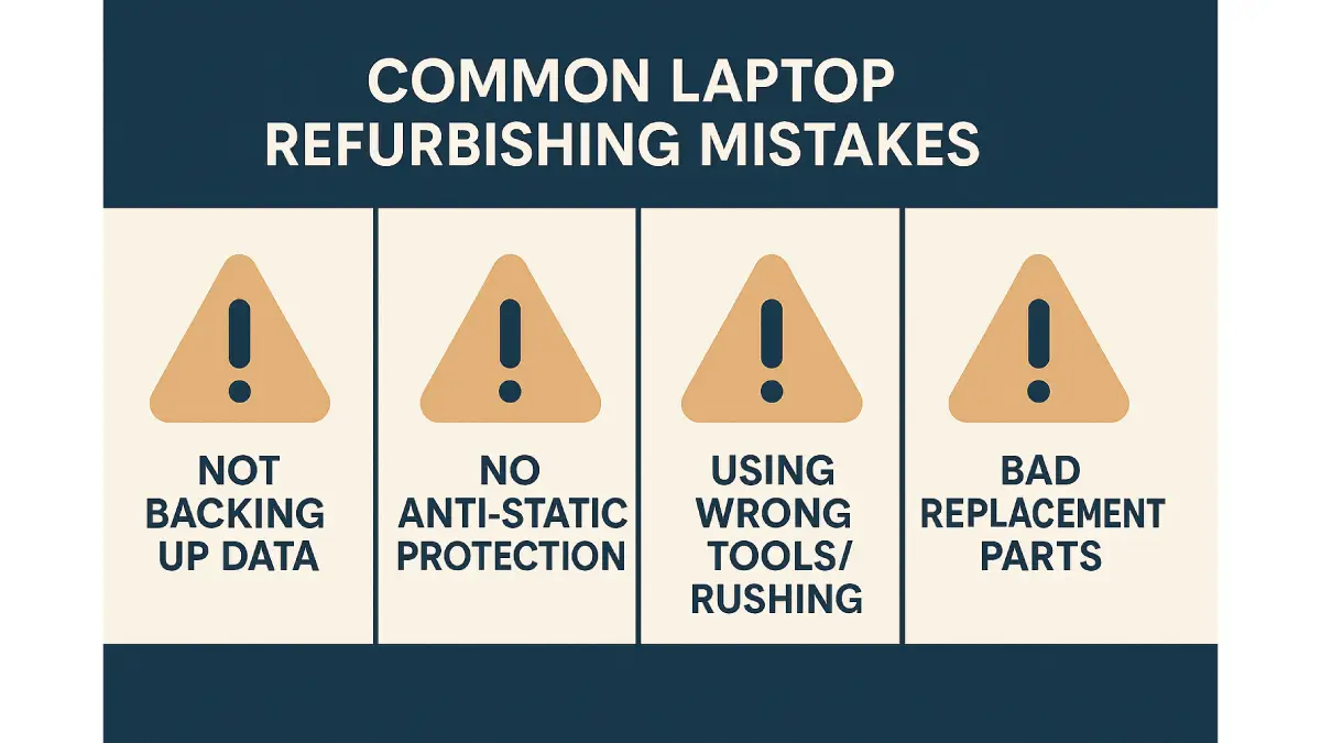Visual infographic showing common laptop refurbishing mistakes to avoid