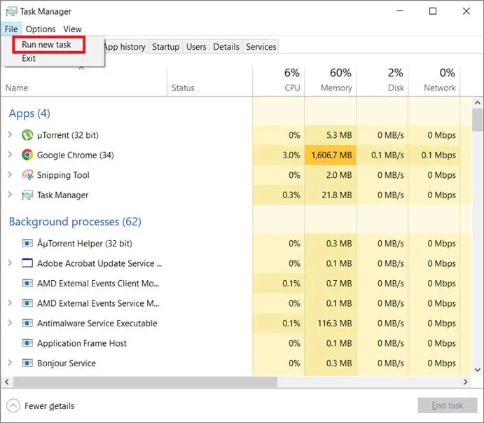 Windows 10 任务管理器，菜单中高亮显示了“运行新任务”选项。