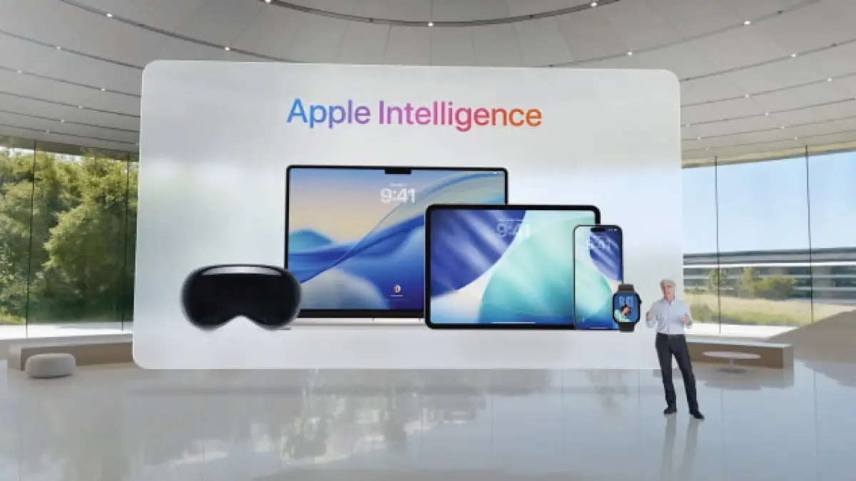 Apple Intelligence announcement at WWDC 2025 showcasing AI-powered features integrated across iOS, macOS, and other Apple platforms.