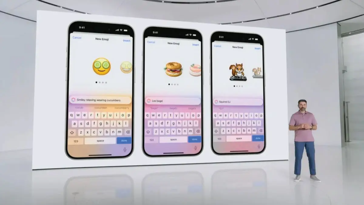 Apple Genmoji feature showcasing personalized, AI-generated emojis introduced at WWDC 2025.