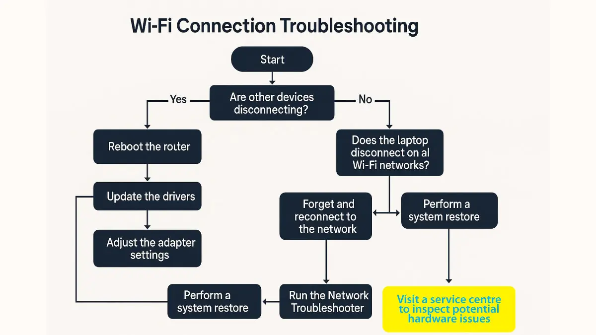 Carta alir penyelesaian masalah WiFi langkah demi langkah untuk pengguna komputer riba Windows