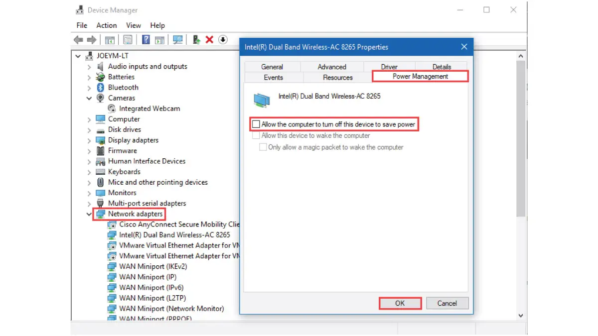 Melumpuhkan mod penjimatan kuasa untuk penyesuai WiFi dalam Windows