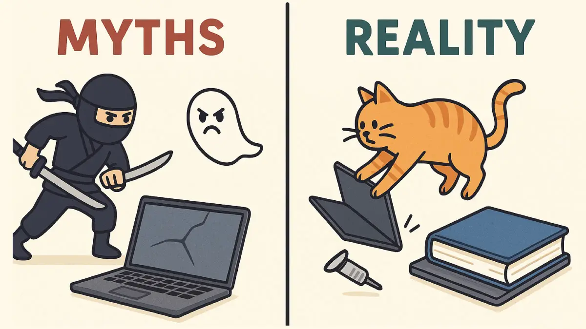 关于笔记本电脑屏幕破裂原因的幽默谣言