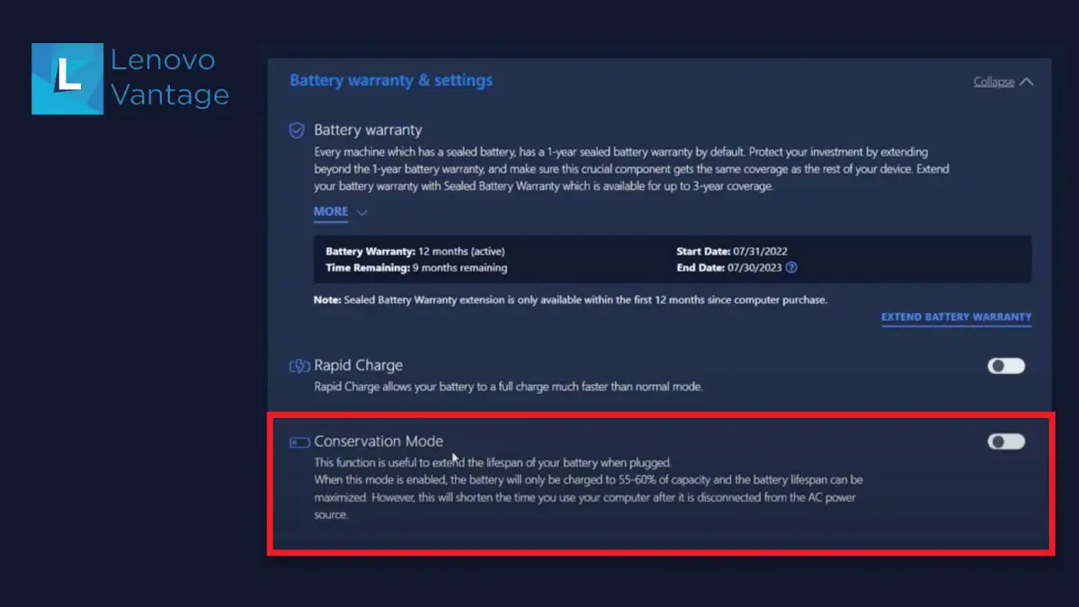 Lenovo Vantage 배터리 절약 모드 토글을 통해 배터리 잔량 80% 문제를 해결하세요.