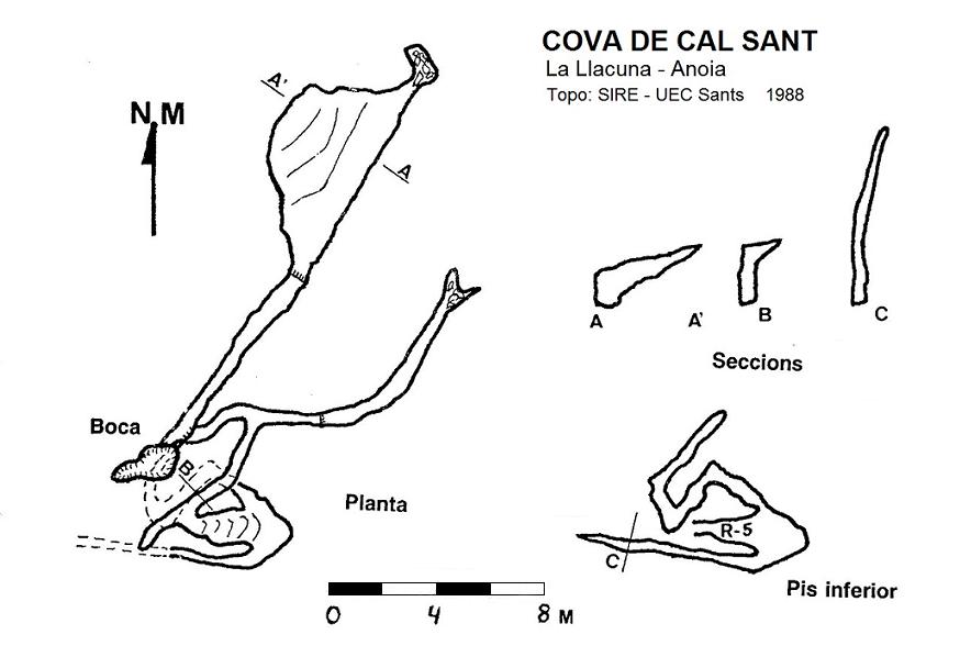 Cova de Cal Sant: Cova d'uns 60 m. de recorregut a la Llacuna. topo Cova de Cal Sant