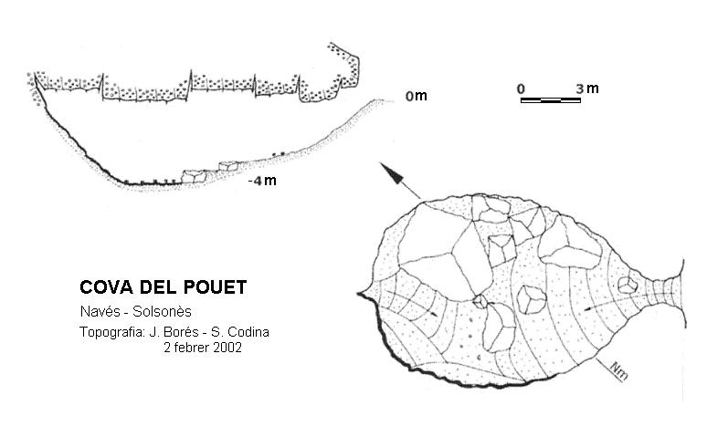 Cova del Pouet: Petita cova de 9 metres de recorregut a Navés. topo Cova del Pouet