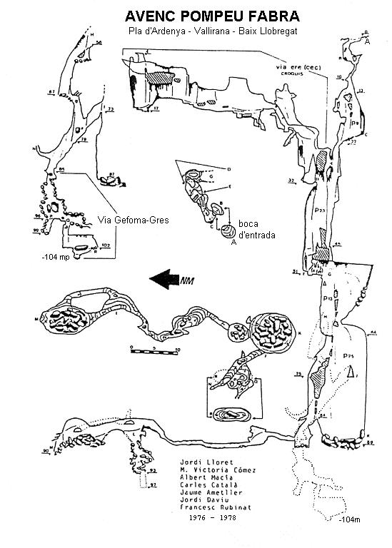 Avenc Pompeu Fabra: Avenc de 104 metres de desnivell al municipi de Vallirana. topo Avenc Pompeu Fabra