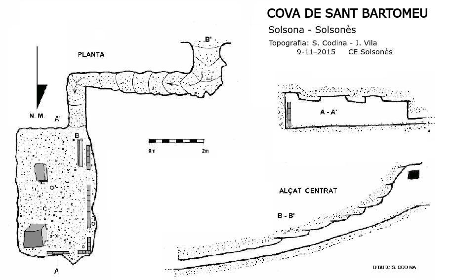 Cova de Sant Bartomeu: Cova de 10 metres de recorregut al Serrat de Sant Bartomeu, Solsona. topo Cova de Sant Bartomeu