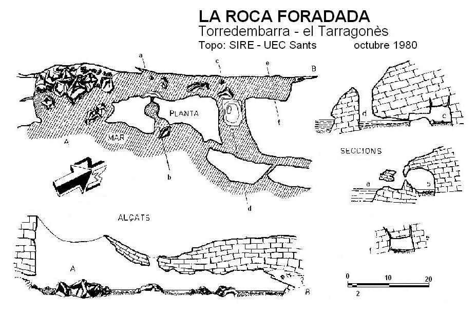 la Roca Foradada: Cova litoral de 46 m. de recorregut deixada en sec per la construcció del port de Torredembarra topo la Roca Foradada