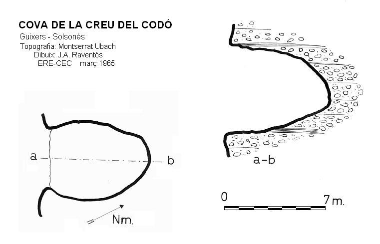 Cova de la Creu del Codó: Petita Cova de 7 metres de recorregut al Tossal de la Creu del Codó (Guixers). topo Cova de la Creu del Codó