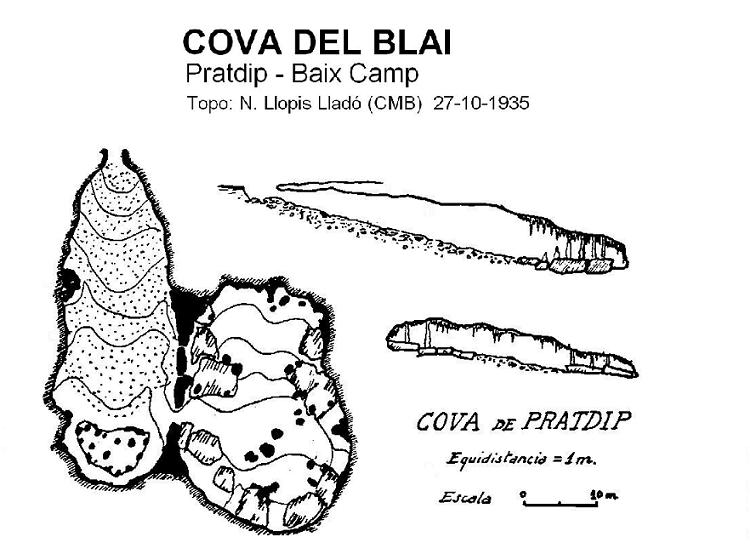 Cova del Blai: Coneguda cova de 164 m. de recorregut a Pratdip (Baix Camp). topo Cova del Blai