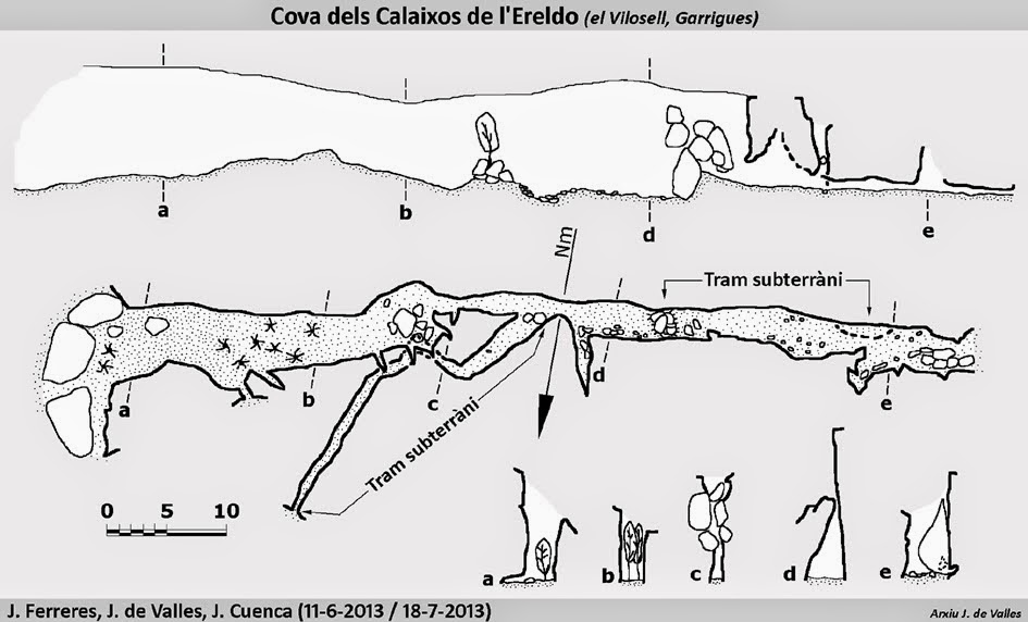Cova dels Calaixos de l'ereldo: Esquerda de 112 m. de recorregut a la serra de la Llena topo Cova dels Calaixos de l'ereldo