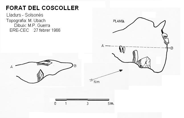 Forat del Coscoller: Ínfima cova de 5 metres de recorregut a Lladurs. topo Forat del Coscoller