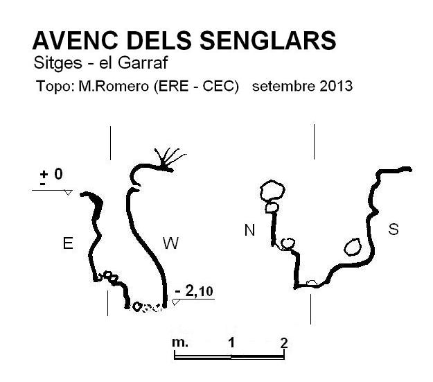 Avenc dels Senglars: Avencó de 2 m. de fondària al Pla de Campgràs (Garraf) topo Avenc dels Senglars