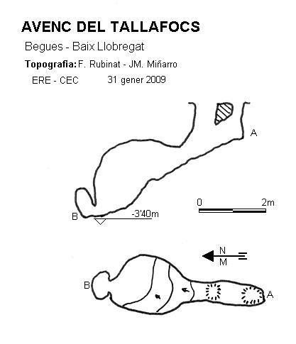 Avenc del Tallafocs: Ínfima cavitat de 3 m. de desnivell a Begues topo Avenc del Tallafocs