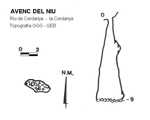 Avenc del Niu: Petit avenc de 9 metres de fondària a Riu de Cerdanya. topo Avenc del Niu