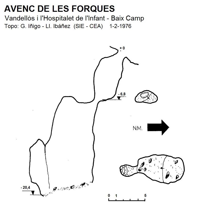 Avenc de les Forques: Avenc de 21 metres de fondària a Vandellòs i l'Hospitalet de l'Infant. topo Avenc de les Forques