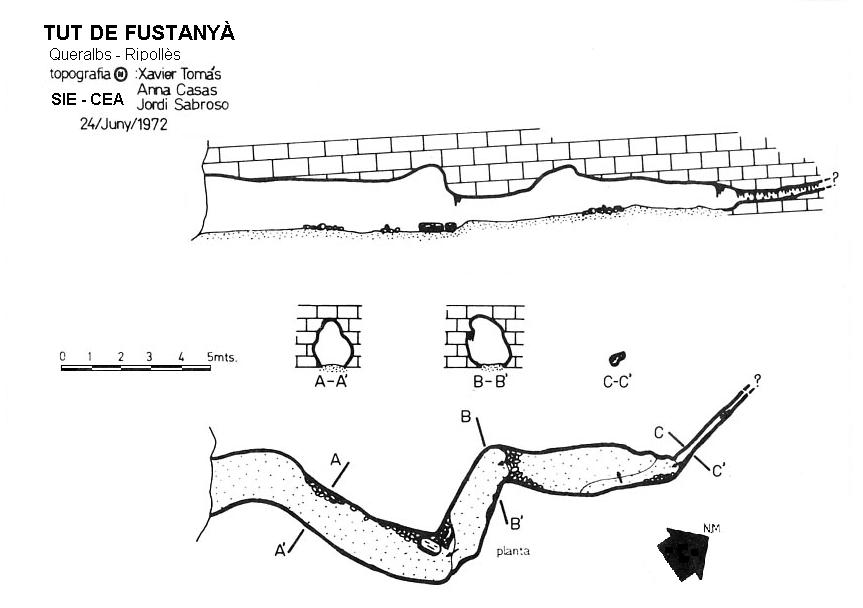 Tut de Fustanyà: Cova de 22 metres de recorregut a Queralbs. topo Tut de Fustanyà