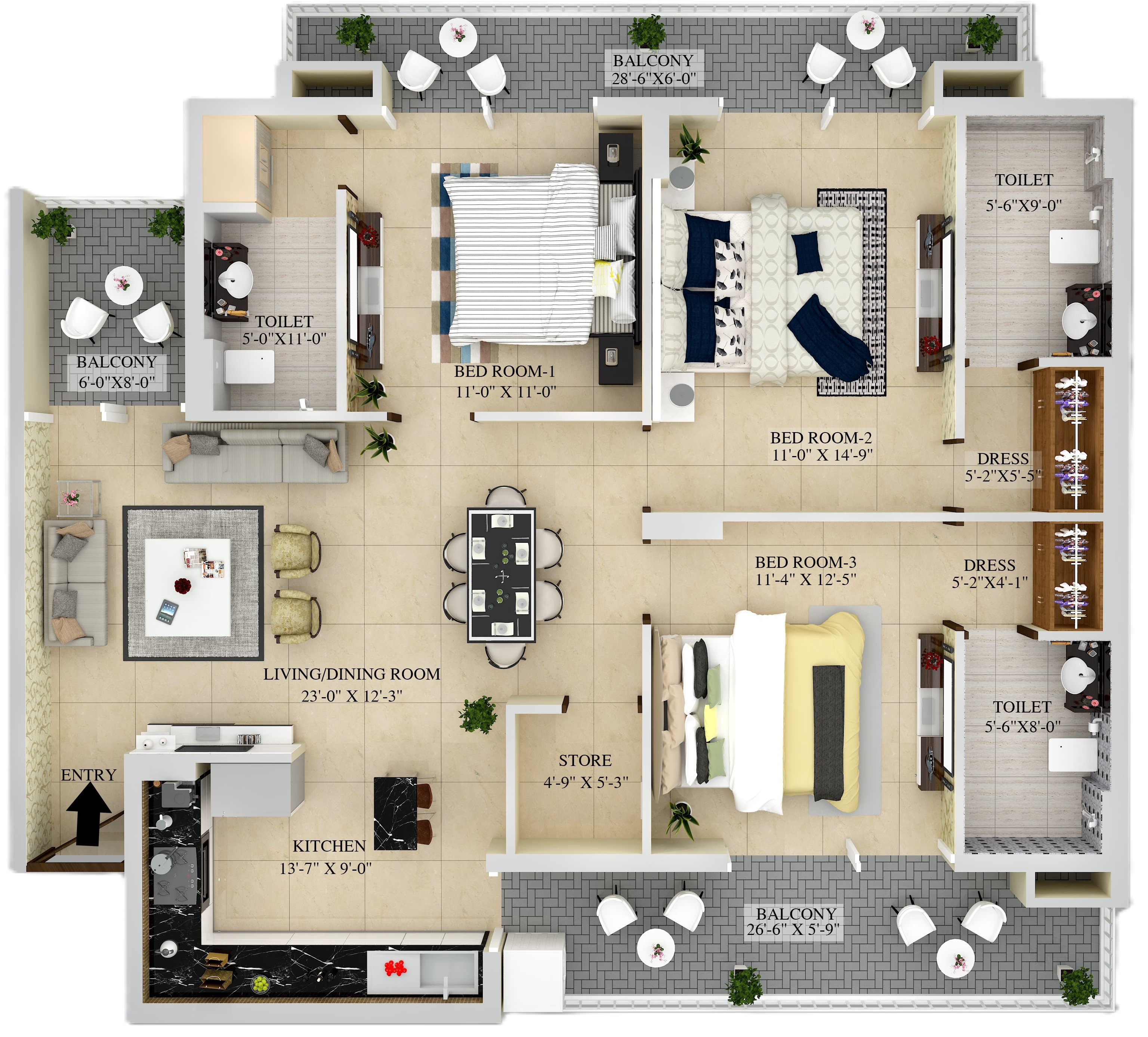 3BHK, 1100 sq.ft.