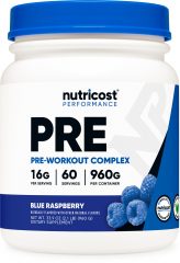 nutricost pre-workout complex powder 60 servings blue raspberry bottle