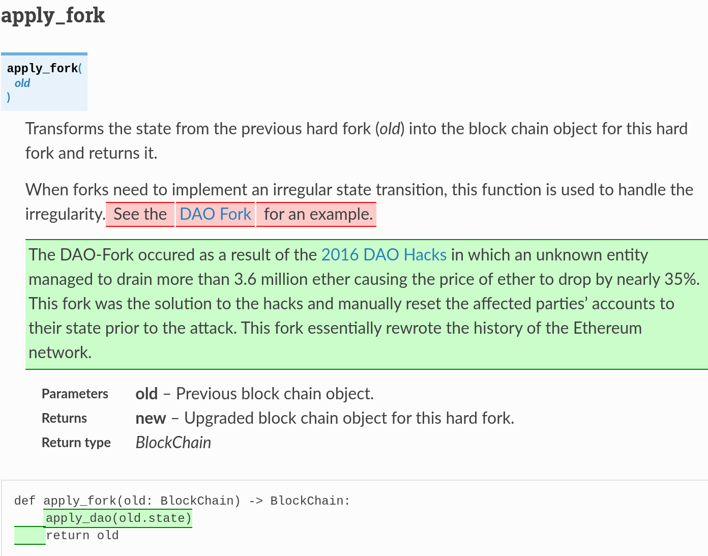 Screenshot showing the apply_fork function differences between Homestead and DAO forks.